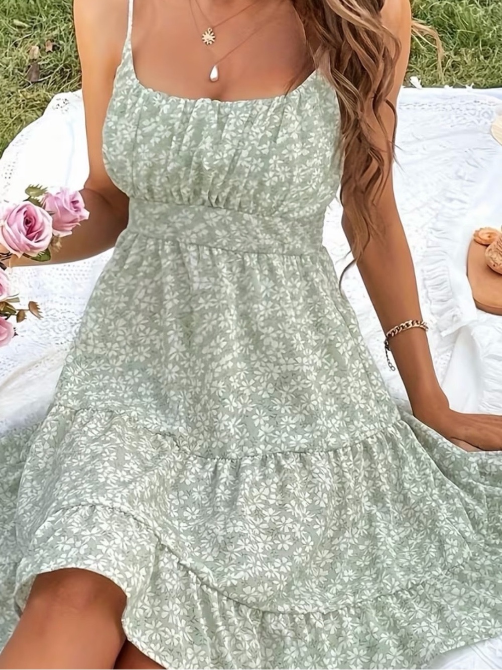 Sage Floral Tiered Sundress with Spaghetti Straps